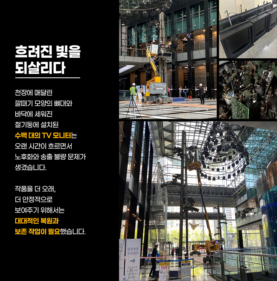 검은 배경의 안내 이미지로, 왼쪽에는 “흐려진 빛을 되살리다” 제목과 함께 “천장에 매달린 깔때기 모양의 뼈대와 바닥에 세워진 철기둥에 설치된 수백 대의 TV 모니터는 오랜 시간이 흐르면서 노후화와 송출 불량 문제가 생겼습니다. 작품을 더 오래, 더 안정적으로 보여주기 위해서는 대대적인 복원과 보존 작업이 필요했습니다.”라는 설명이 보임. 오른쪽에는 포스코센터 로비에서 설치·정비 중인 작품 사진들이 배치되어 있으며, 천장 구조물과 다수의 TV 모니터, 작업 장비와 인력, 그리고 작품의 전체 모습이 함께 보임.