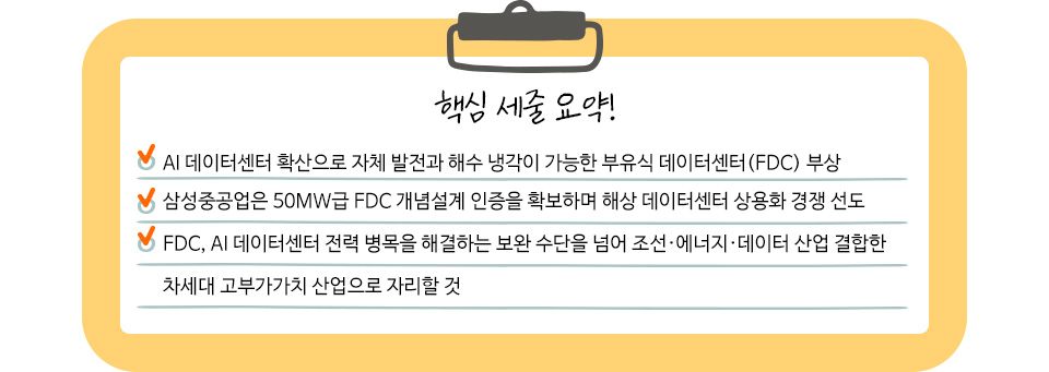 ‘핵심 세줄 요약!’이라는 제목과 다음 세 가지 내용이 제시되어 있다. AI 데이터센터 확산으로 자체 발전과 해수 냉각이 가능한 부유식 데이터센터(FDC)가 부상하고 있다. 삼성중공업은 50MW급 FDC 개념설계 인증을 확보하며 해상 데이터센터 상용화 경쟁을 선도하고 있다. FDC는 AI 데이터센터 전력 병목을 해결하는 보완 수단을 넘어, 조선·에너지·데이터 산업을 결합한 차세대 고부가가치 산업으로 자리할 것으로 전망된다.