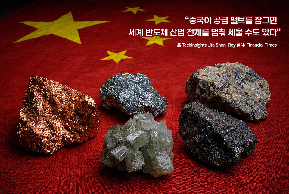 중국 국기 위에 광물들이 놓여있고 우측 상단에 파이낸셜타임스 정보가 적혀있다. “중국이 공급 밸브를 잠그면 세계 반도체 산업 전체를 멈춰 세울 수도 있다” -美 TechInsights Lita Shon-Roy 출처: Financial Times