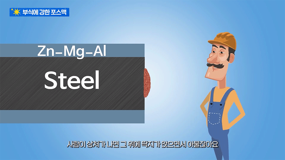 일반 아연도금강판보다 5배에서 10배 정도 높은 내식성을 갖춰 부식에 강하며, 강판 표면에 흠집이 생겨도 아연∙마그네슘∙알루미늄 성분이 보호막을 만들어 부식을 억제하는 포스코의 고내식 도금강판 ‘포스맥(PosMAC)’을 설명하는 gif 이미지