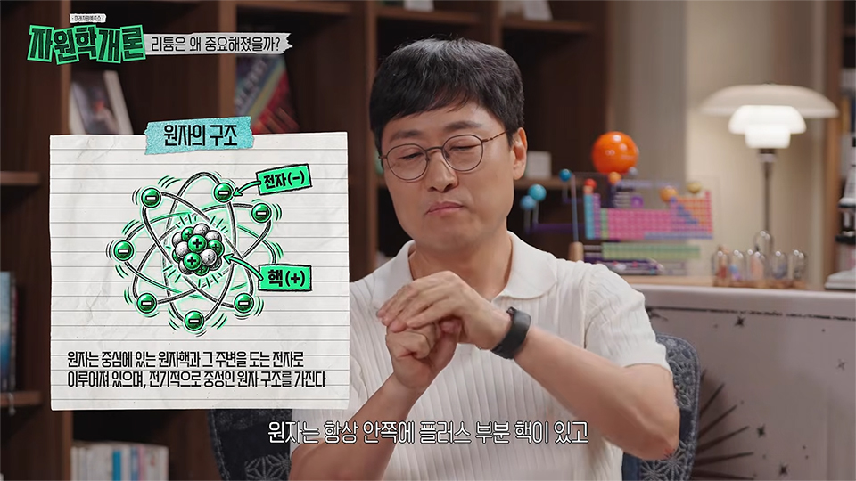 김상욱 교수가 설명하는 장면. 왼쪽에는 전자(−)와 핵(+)으로 표시한 원자 구조 그림과 원자의 구성 설명이 있고, 상단에는 ‘리튬은 왜 중요해졌을까?’라는 제목, 하단에는 ‘원자는 항상 안쪽에 플러스 부분 핵이 있고’라는 자막이 표시되어 있다.